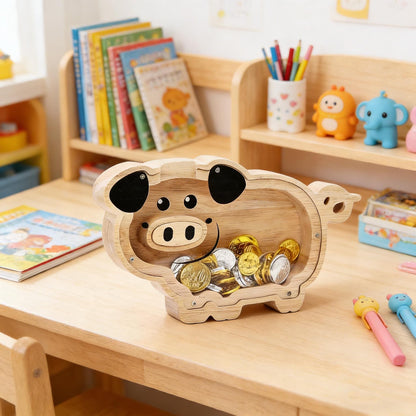 A Child's First Piggy Bank, Handmade Wooden Pig Money Box - Classic Coin Bank for Kids, Unique Savings Adventure Gift for Boys & Girls