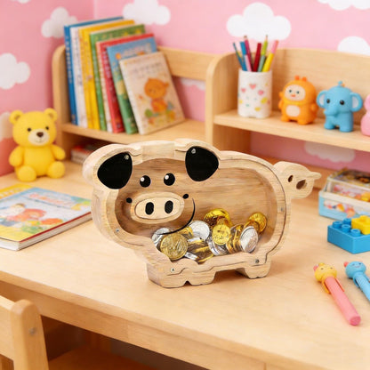 A Child's First Piggy Bank, Handmade Wooden Pig Money Box - Classic Coin Bank for Kids, Unique Savings Adventure Gift for Boys & Girls