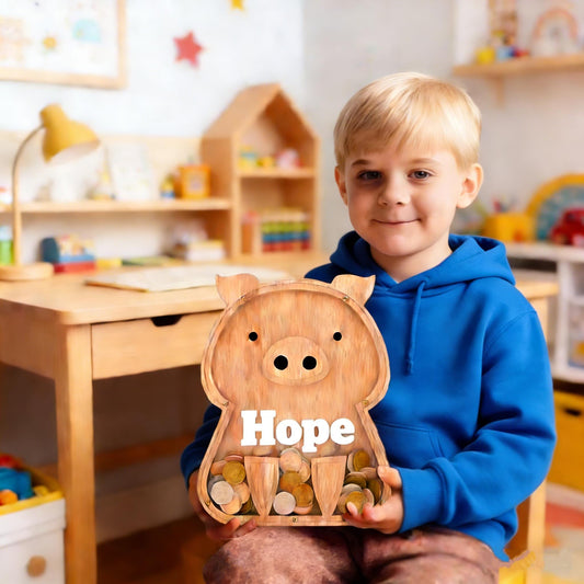 Custom Kids Gift,Personalized Wood Pig Bank with Engraved Name - First Piggy Bank & Heirloom Keepsake, Handmade Money Box for Boys and Girls