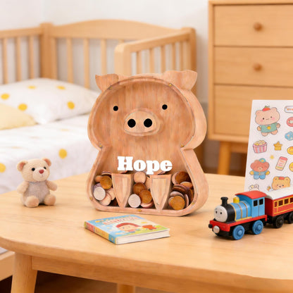 Custom Kids Gift,Personalized Wood Pig Bank with Engraved Name - First Piggy Bank & Heirloom Keepsake, Handmade Money Box for Boys and Girls