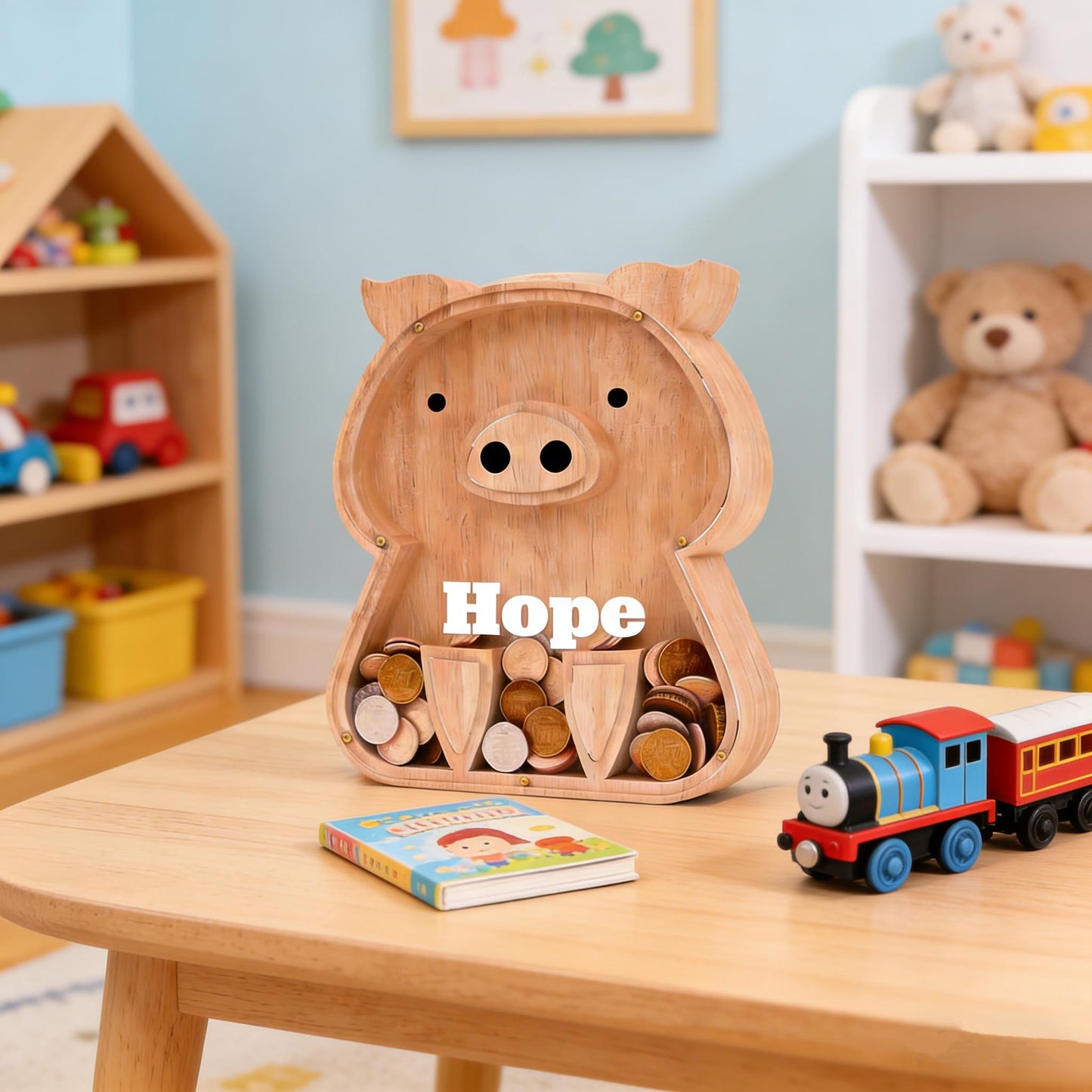 Custom Kids Gift,Personalized Wood Pig Bank with Engraved Name - First Piggy Bank & Heirloom Keepsake, Handmade Money Box for Boys and Girls
