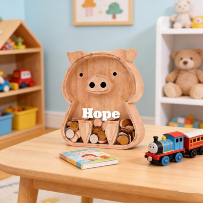 Custom Kids Gift,Personalized Wood Pig Bank with Engraved Name - First Piggy Bank & Heirloom Keepsake, Handmade Money Box for Boys and Girls