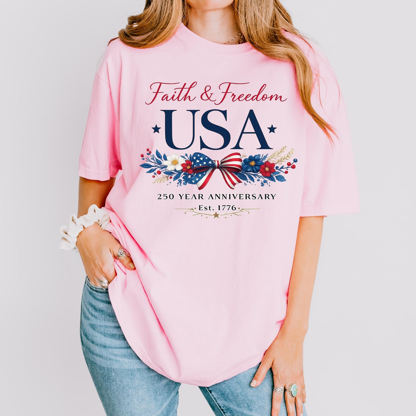 USA 250th Anniversary Shirt 1776-2026,Faith & Freedom Patriotic Bow Tee , America 250 Years Independence Day Shirt | DW95