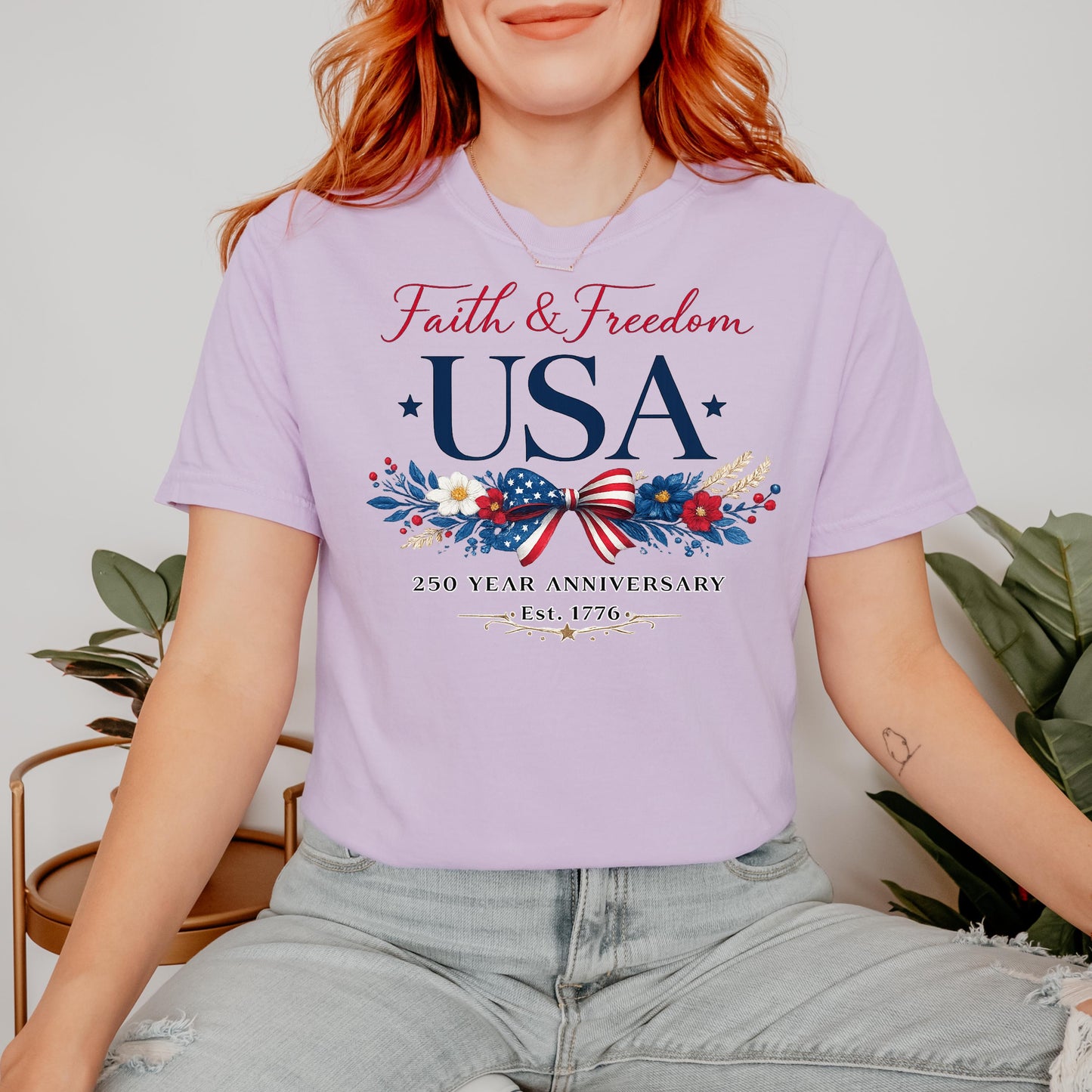 USA 250th Anniversary Shirt 1776-2026,Faith & Freedom Patriotic Bow Tee , America 250 Years Independence Day Shirt | DW95