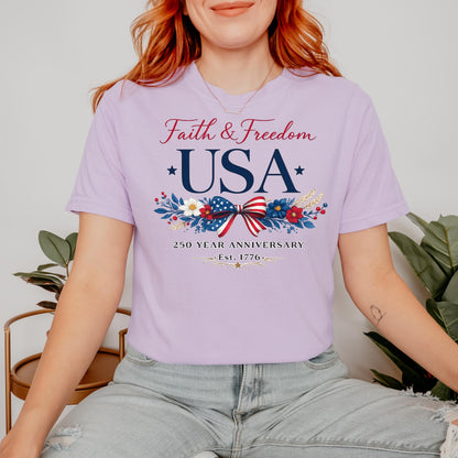 USA 250th Anniversary Shirt 1776-2026,Faith & Freedom Patriotic Bow Tee , America 250 Years Independence Day Shirt | DW95