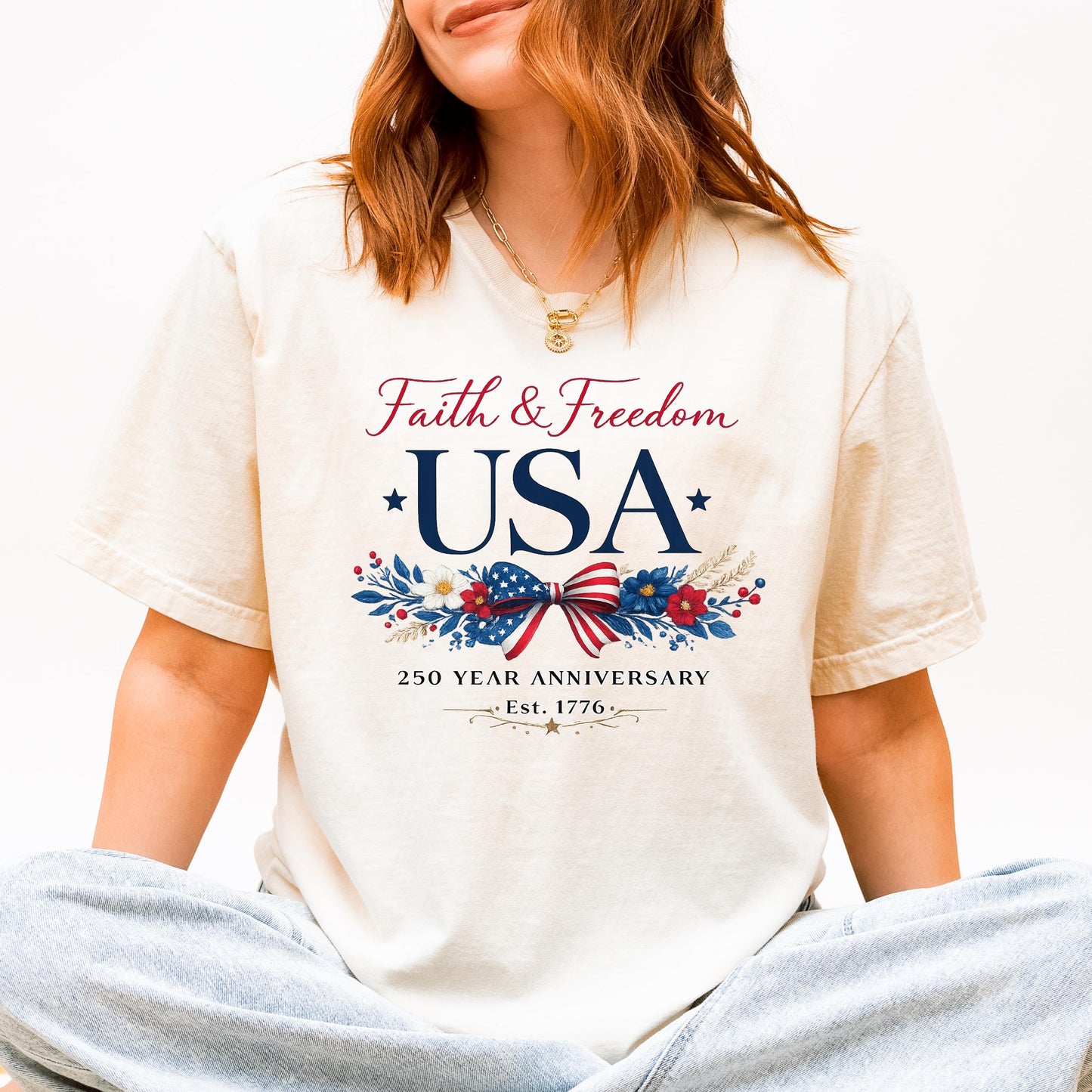 USA 250th Anniversary Shirt 1776-2026,Faith & Freedom Patriotic Bow Tee , America 250 Years Independence Day Shirt | DW95