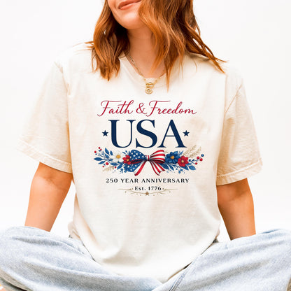 USA 250th Anniversary Shirt 1776-2026,Faith & Freedom Patriotic Bow Tee , America 250 Years Independence Day Shirt | DW95