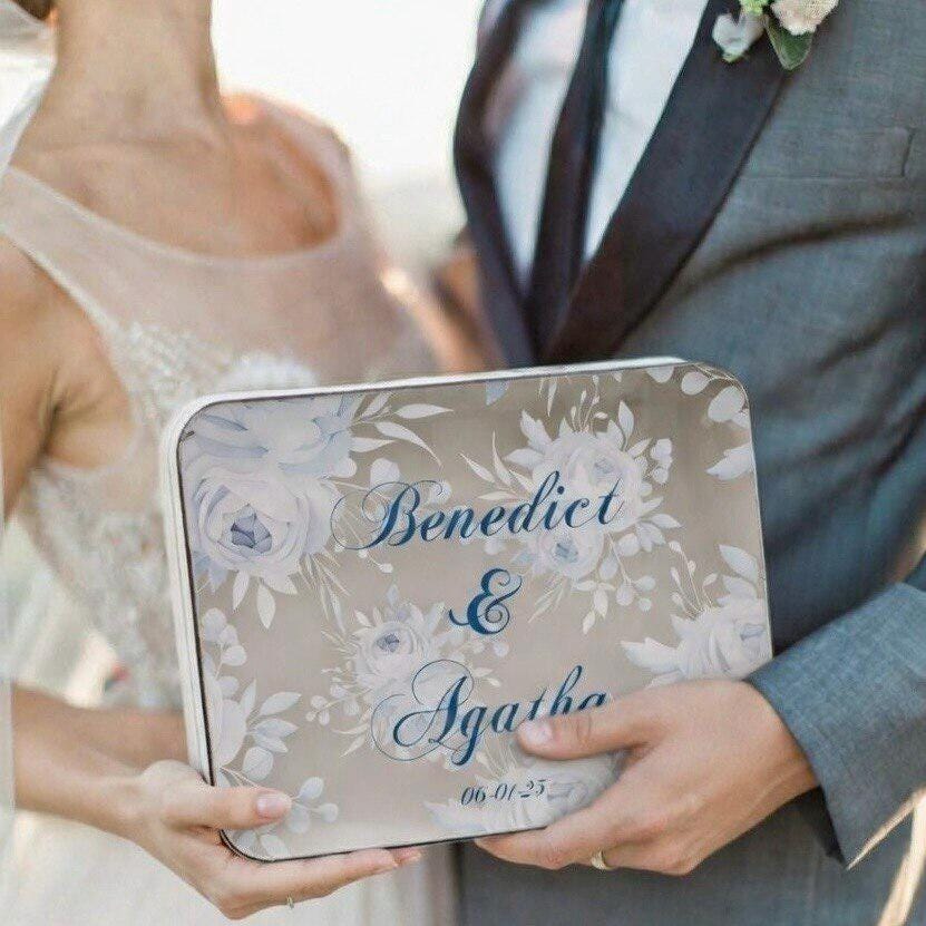 Personalized Floral Wedding Card Box: Blue & White Regency Style Decor