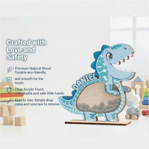 Personalized Wooden Dinosaur Piggy Bank, Custom Name Kids Coin Bank, Dino Money Box