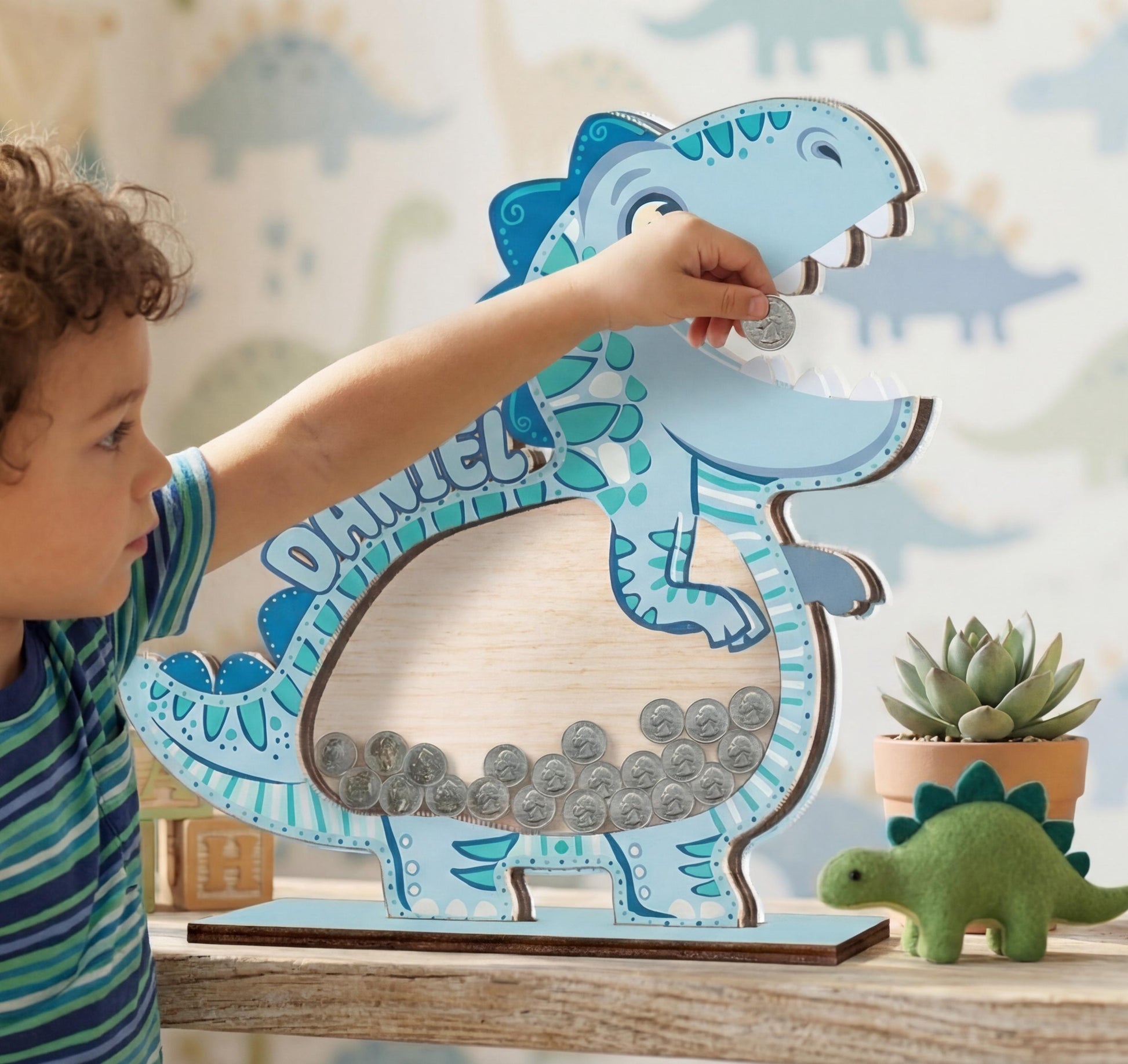 Personalized Dinosaur Piggy Bank for Kids, Blue Dino Money Bank, Custom Name Wooden Coin Bank, Kids Saving Box, Nursery Decor Gift