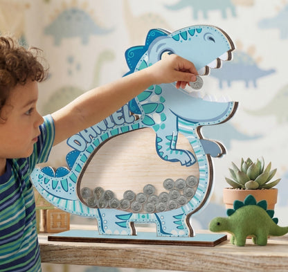 Personalized Dinosaur Piggy Bank for Kids, Blue Dino Money Bank, Custom Name Wooden Coin Bank, Kids Saving Box, Nursery Decor Gift