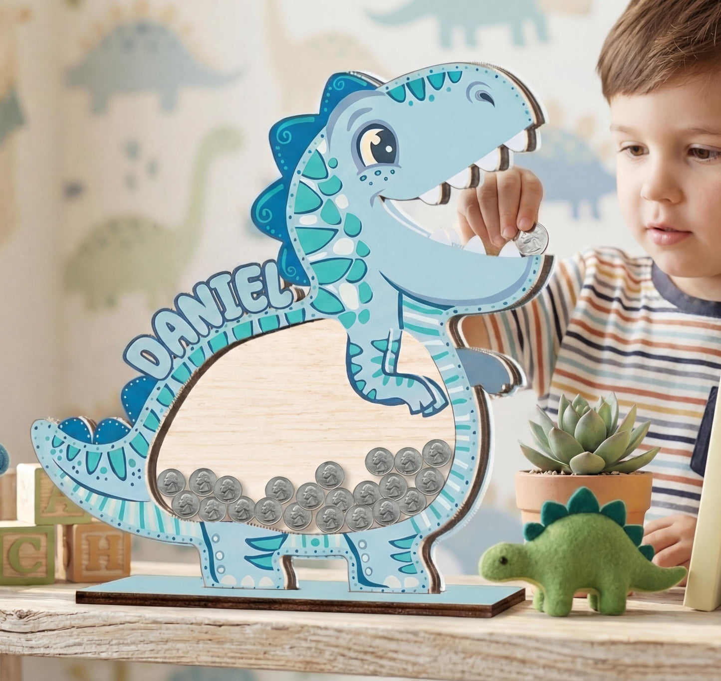 Personalized Dinosaur Piggy Bank for Kids, Blue Dino Money Bank, Custom Name Wooden Coin Bank, Kids Saving Box, Nursery Decor Gift