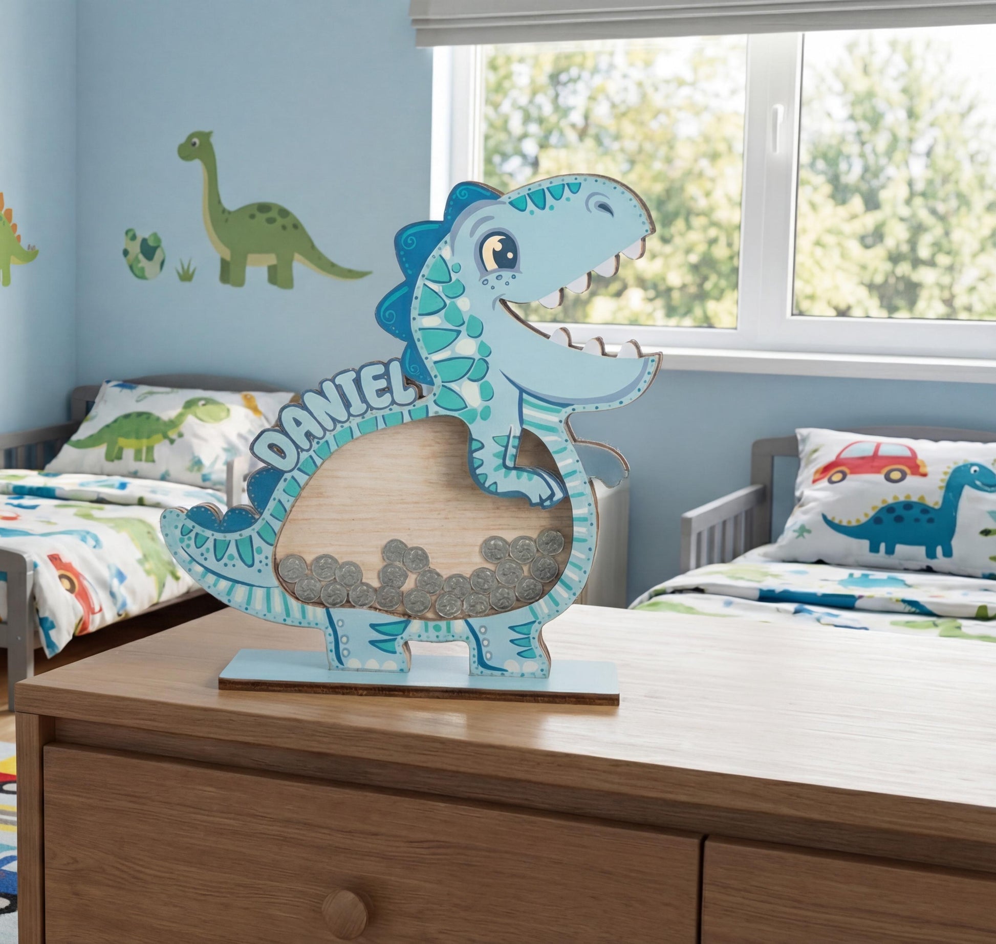 Personalized Dinosaur Piggy Bank for Kids, Blue Dino Money Bank, Custom Name Wooden Coin Bank, Kids Saving Box, Nursery Decor Gift
