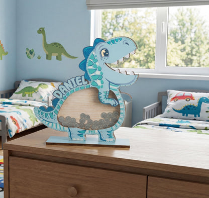 Personalized Dinosaur Piggy Bank for Kids, Blue Dino Money Bank, Custom Name Wooden Coin Bank, Kids Saving Box, Nursery Decor Gift