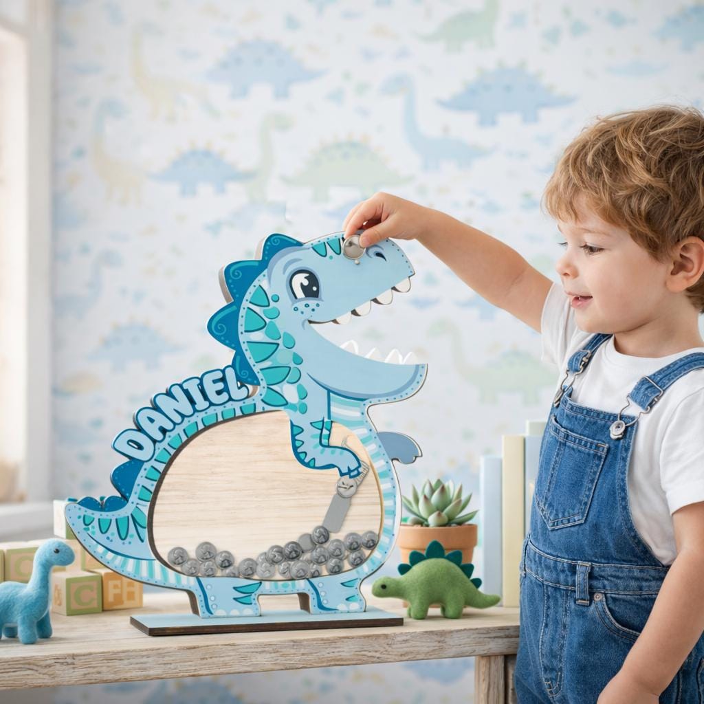 Personalized Dinosaur Piggy Bank for Kids, Blue Dino Money Bank, Custom Name Wooden Coin Bank, Kids Saving Box, Nursery Decor Gift