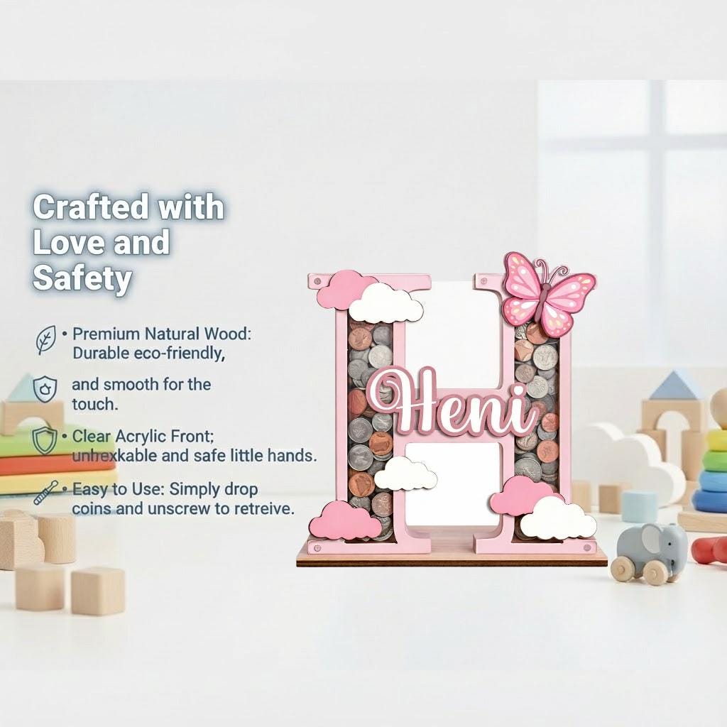 Personalized Letter Piggy Bank, Custom Name Coin Bank for Kids, Pink Initial Money Bank, Baby Girl Gift, Nursery Decor