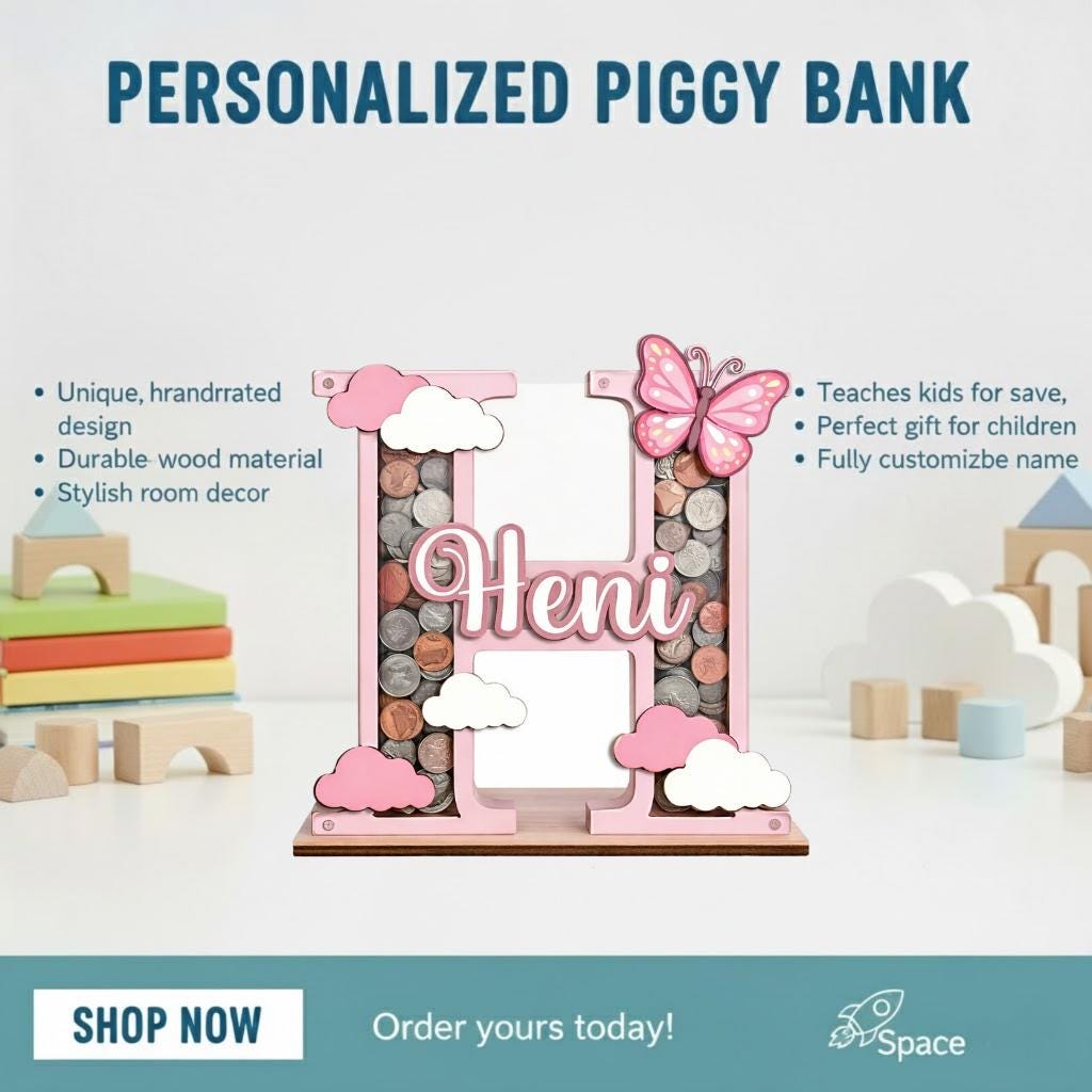 Personalized Letter Piggy Bank, Custom Name Coin Bank for Kids, Pink Initial Money Bank, Baby Girl Gift, Nursery Decor