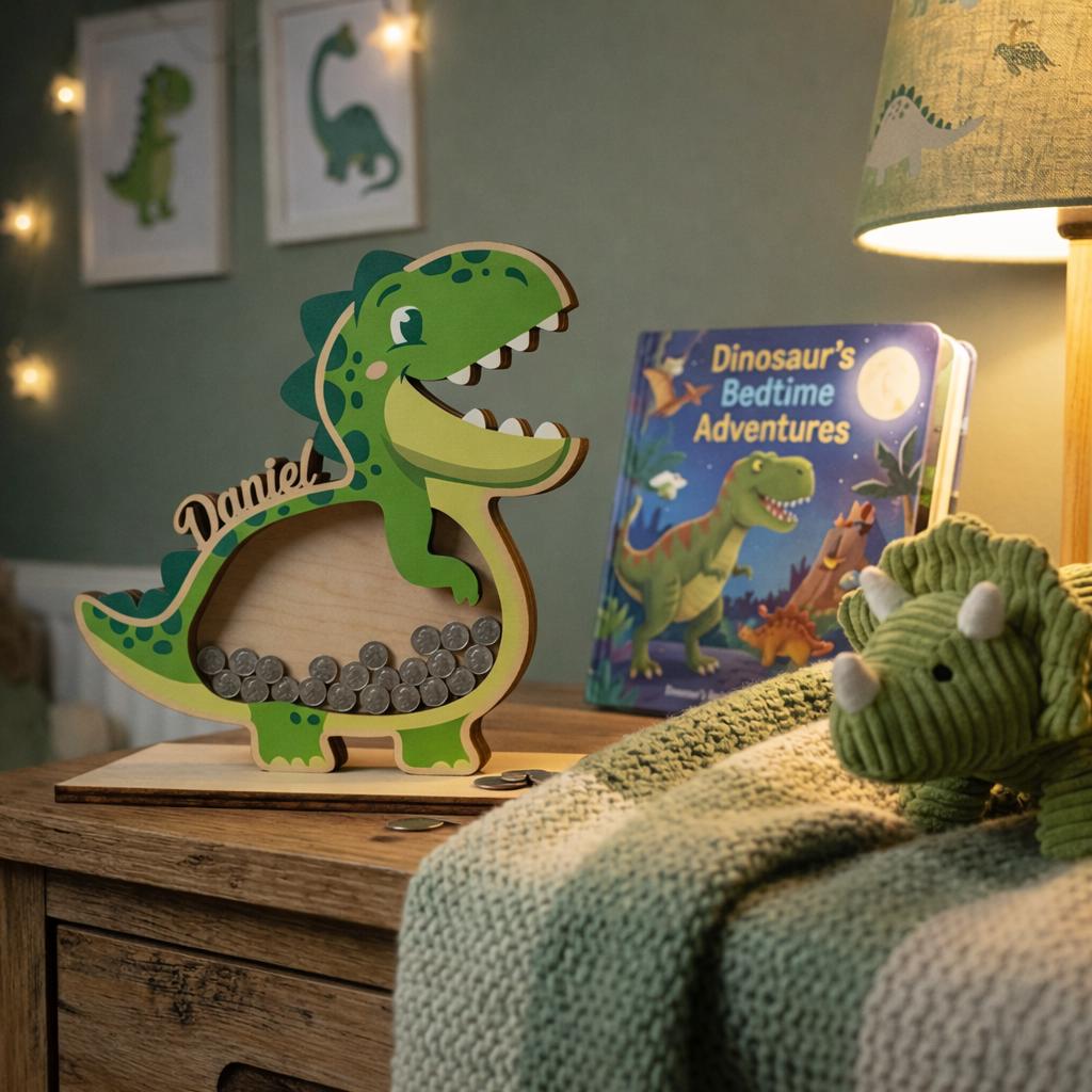 Personalized Dinosaur Piggy Bank with Name, Custom Wooden T-Rex Coin Bank, Kids Money Bank, Birthday Gift for Boys