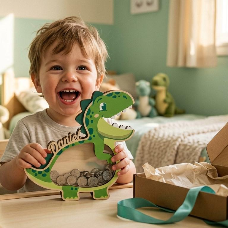 Personalized Dinosaur Piggy Bank with Name, Custom Wooden T-Rex Coin Bank, Kids Money Bank, Birthday Gift for Boys
