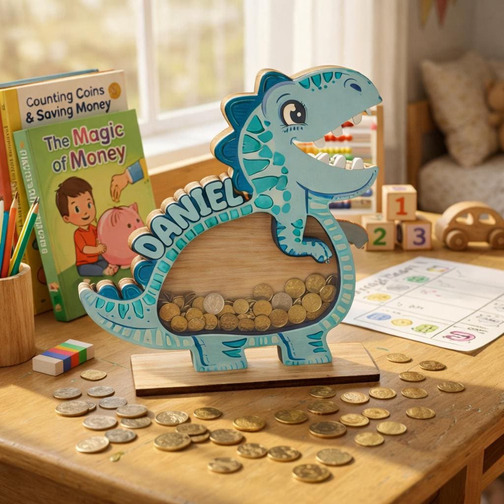 Personalized Wooden Dinosaur Piggy Bank, Custom Name Kids Coin Bank, Dino Money Box