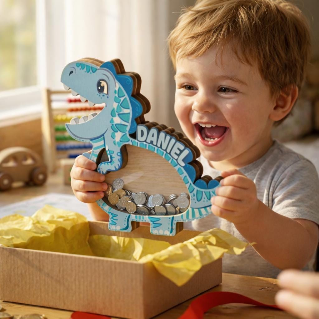 Personalized Wooden Dinosaur Piggy Bank, Custom Name Kids Coin Bank, Dino Money Box