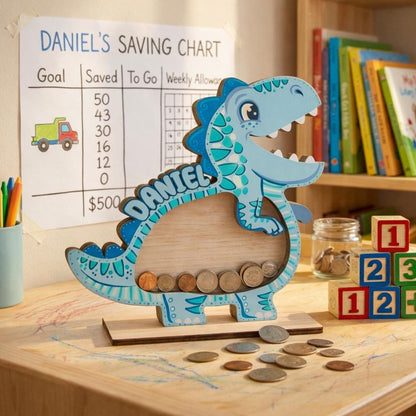 Personalized Wooden Dinosaur Piggy Bank, Custom Name Kids Coin Bank, Dino Money Box