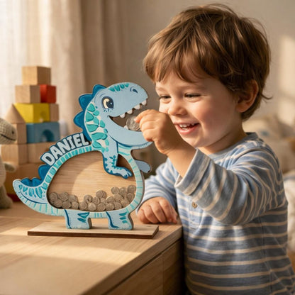Personalized Wooden Dinosaur Piggy Bank, Custom Name Kids Coin Bank, Dino Money Box