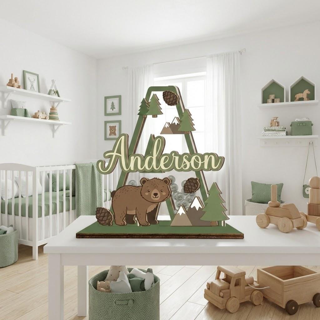Personalized Woodland Bear Piggy Bank | Custom Name, Wood & Acrylic Nursery Decor