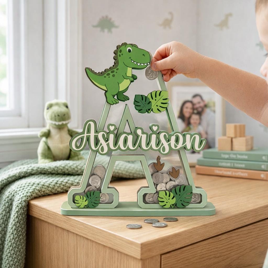Personalized Dinosaur Piggy Bank Letter, Custom Name Coin Bank, Wooden Kids Saving Bank, Dinosaur Nursery Decor, Kids Gift
