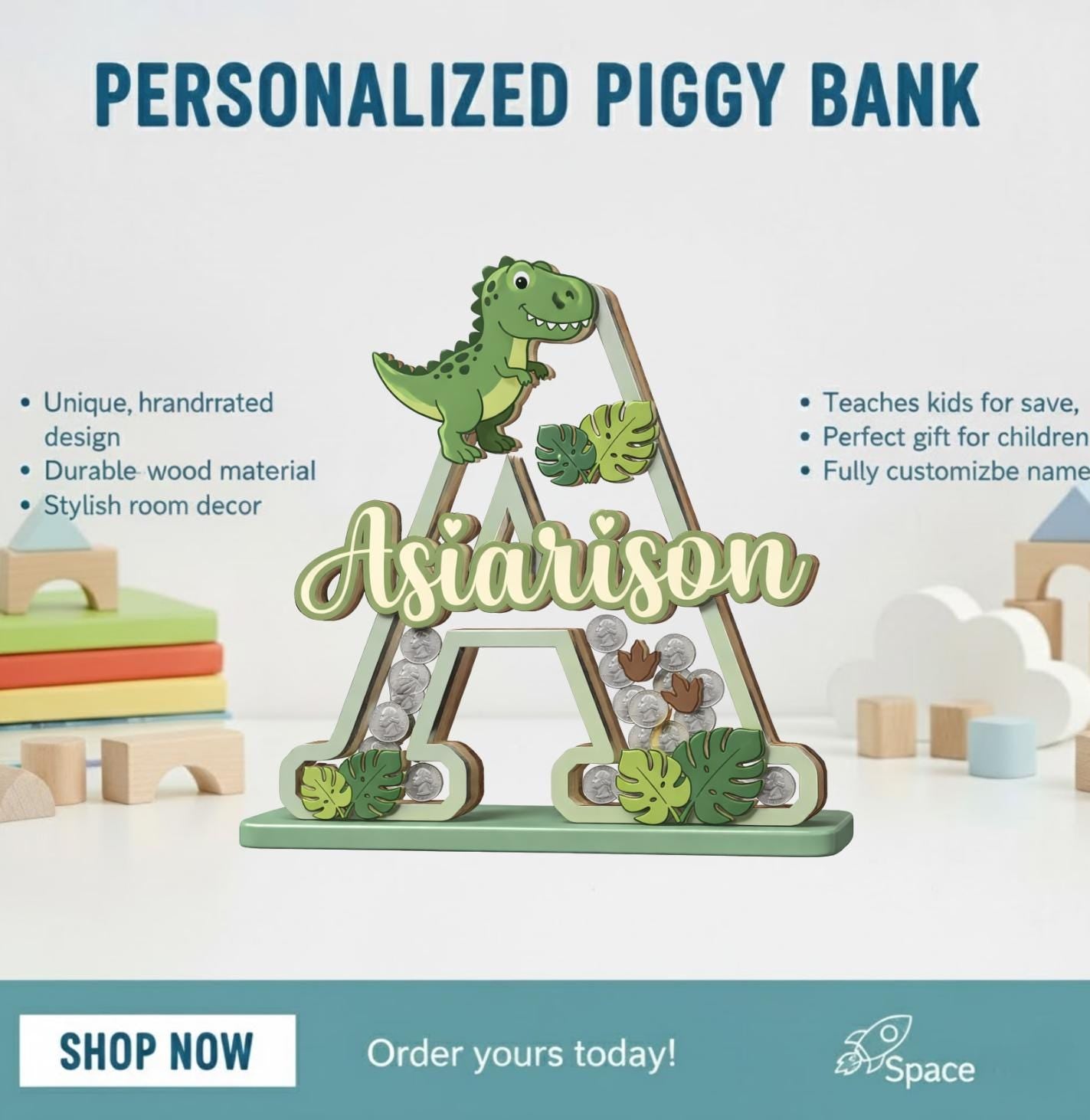 Personalized Dinosaur Piggy Bank Letter, Custom Name Coin Bank, Wooden Kids Saving Bank, Dinosaur Nursery Decor, Kids Gift
