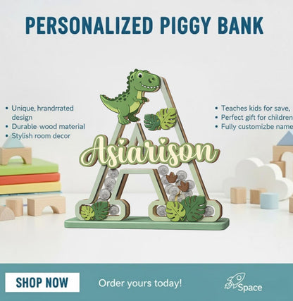 Personalized Dinosaur Piggy Bank Letter, Custom Name Coin Bank, Wooden Kids Saving Bank, Dinosaur Nursery Decor, Kids Gift