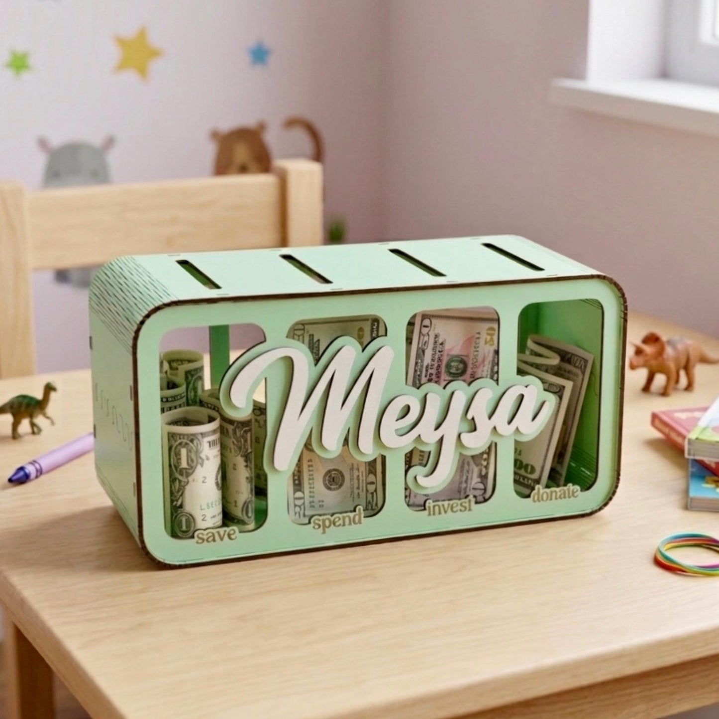 Save Spend Invest Donate Piggy Bank, Kids Wooden Money Bank, 4 Compartment Savings Box, Financial Learning Toy for Kids