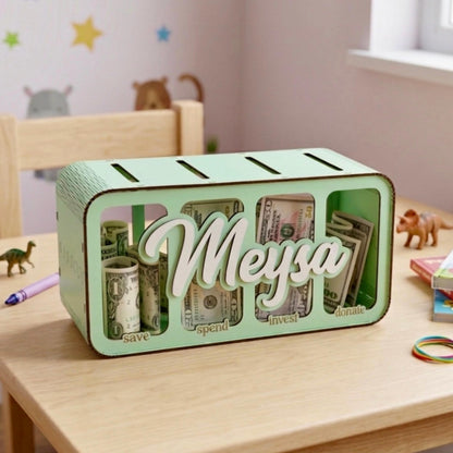 Kids Wooden Piggy Bank Save Spend Invest Donate, 4 Slot Money Box, Financial Education Toy, Montessori Savings Bank