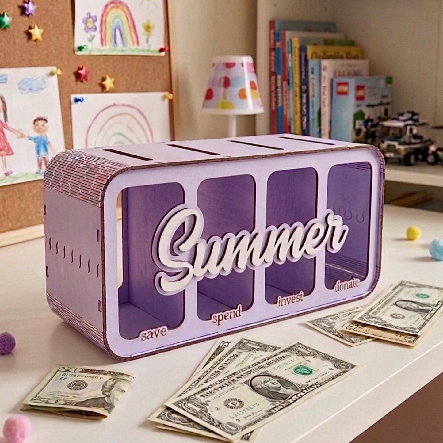 Save Spend Invest Donate Piggy Bank, Wooden Kids Money Box, 4 Compartment Savings Bank, Financial Learning Toy