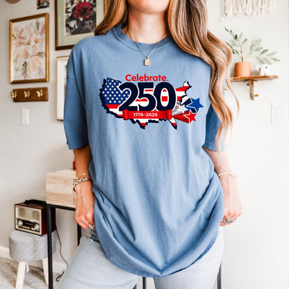 USA 250th Anniversary Shirt, Celebrate America 1776-2026 T-Shirt, Patriotic USA Map Tee, 4th of July Shirt, American Flag Shirt | MY58
