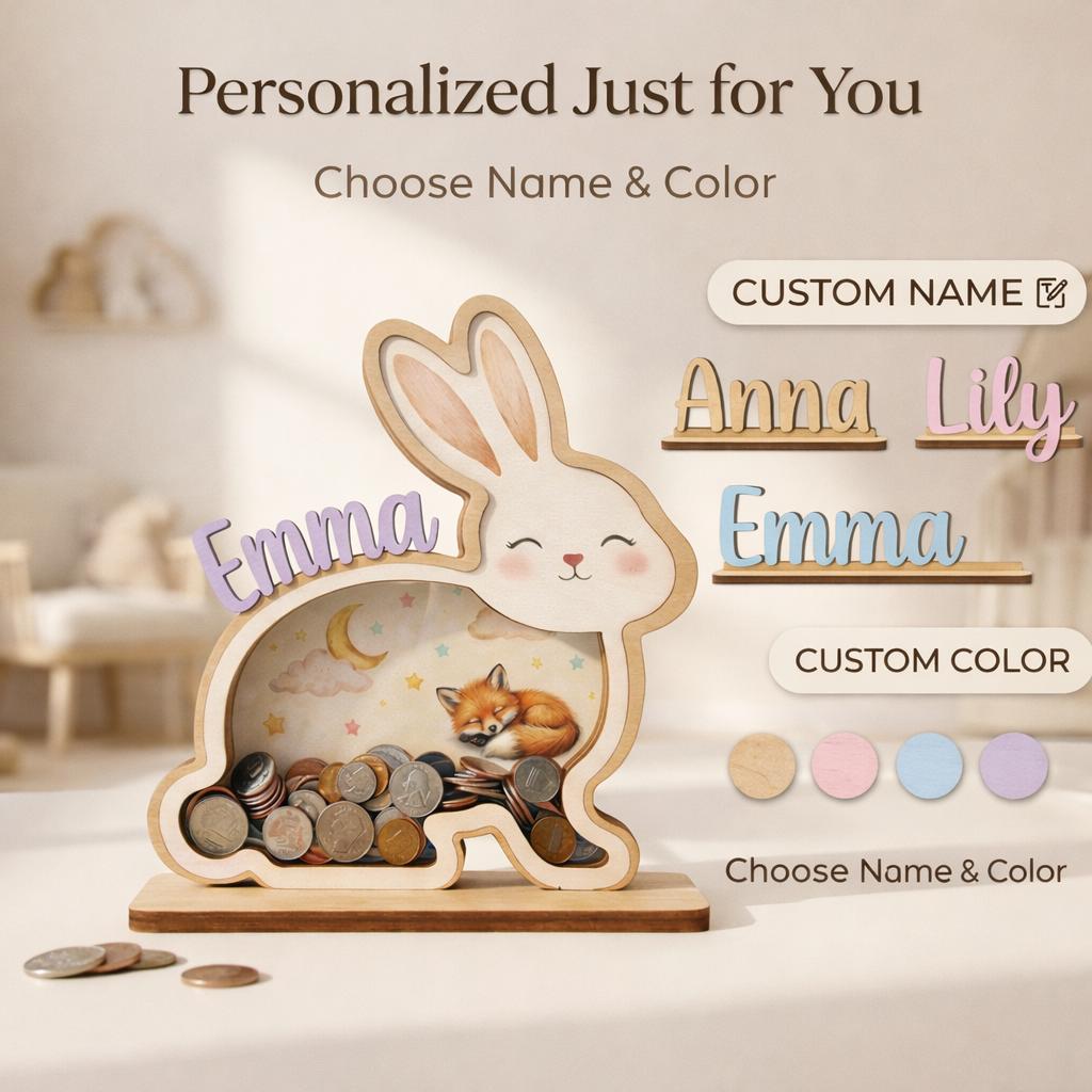 Personalized Bunny Piggy Bank, Wooden Coin Bank for Kids, Custom Name Money Box, Nursery Decor, Kids Savings Bank, Gift Idea for Girls