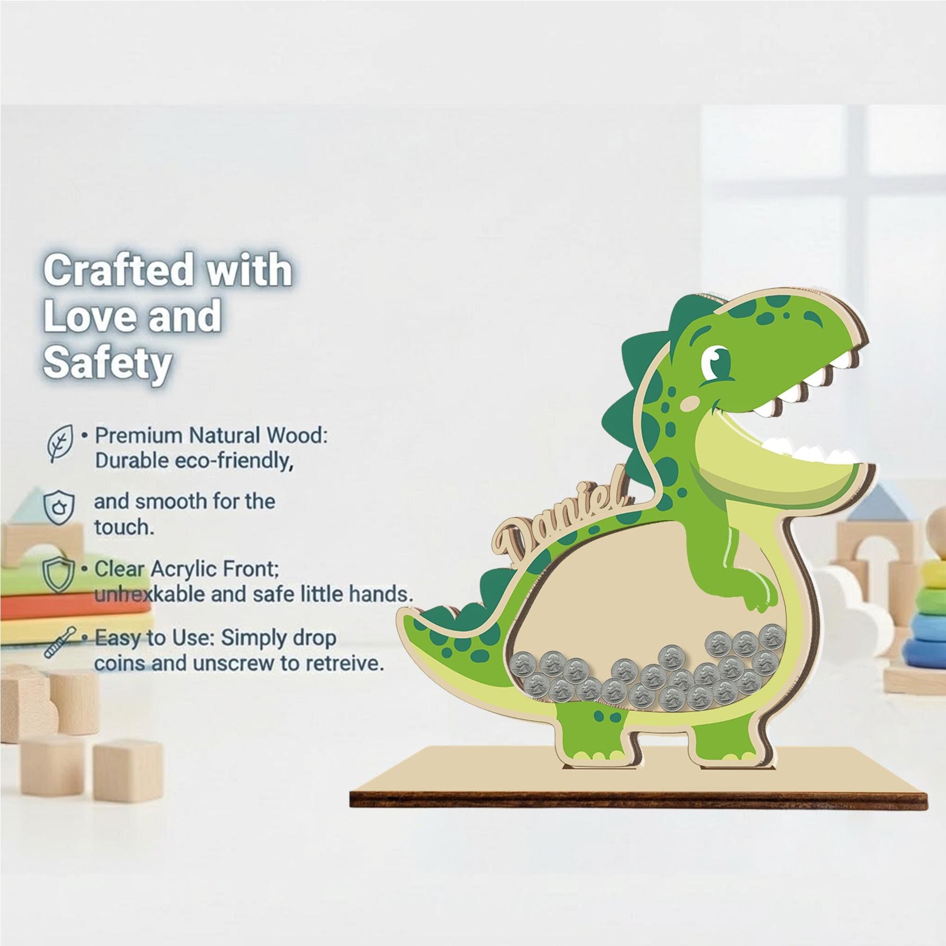 Personalized Dinosaur Piggy Bank with Name, Custom Wooden T-Rex Coin Bank, Kids Money Bank, Birthday Gift for Boys