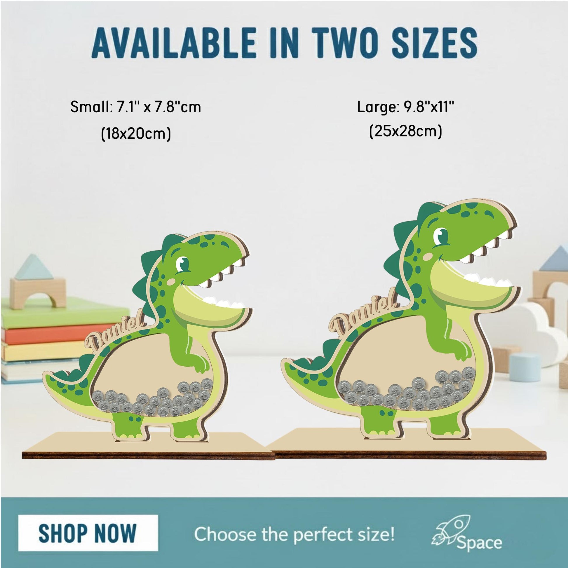 Personalized Dinosaur Piggy Bank with Name, Custom Wooden T-Rex Coin Bank, Kids Money Bank, Birthday Gift for Boys