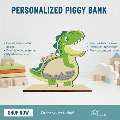 Personalized Dinosaur Piggy Bank with Name, Custom Wooden T-Rex Coin Bank, Kids Money Bank, Birthday Gift for Boys