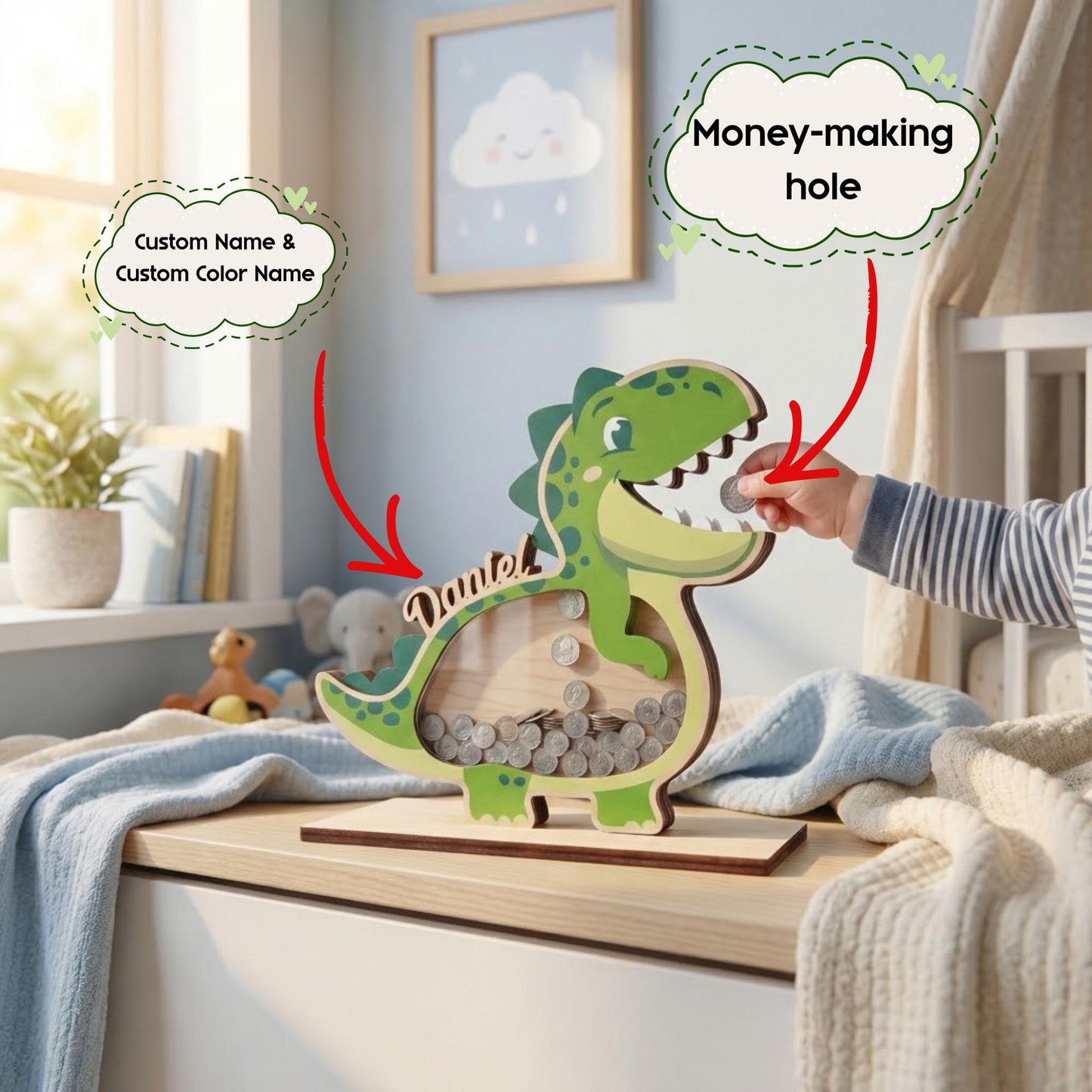 Personalized Dinosaur Piggy Bank with Name, Custom Wooden T-Rex Coin Bank, Kids Money Bank, Birthday Gift for Boys