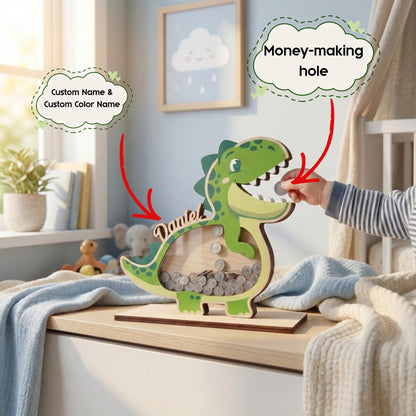 Personalized Dinosaur Piggy Bank with Name, Custom Wooden T-Rex Coin Bank, Kids Money Bank, Birthday Gift for Boys