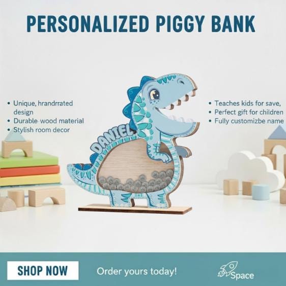 Personalized Wooden Dinosaur Piggy Bank, Custom Name Kids Coin Bank, Dino Money Box
