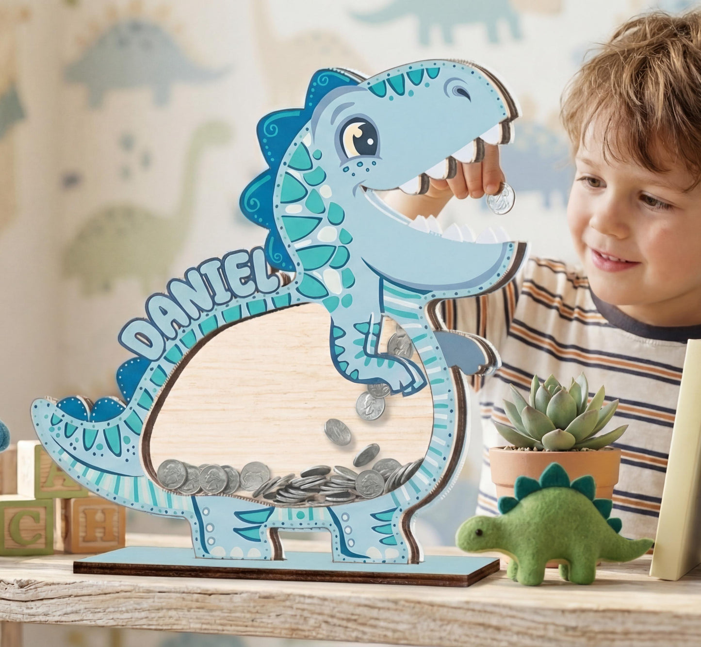 Personalized Dinosaur Piggy Bank for Kids, Blue Dino Money Bank, Custom Name Wooden Coin Bank, Kids Saving Box, Nursery Decor Gift