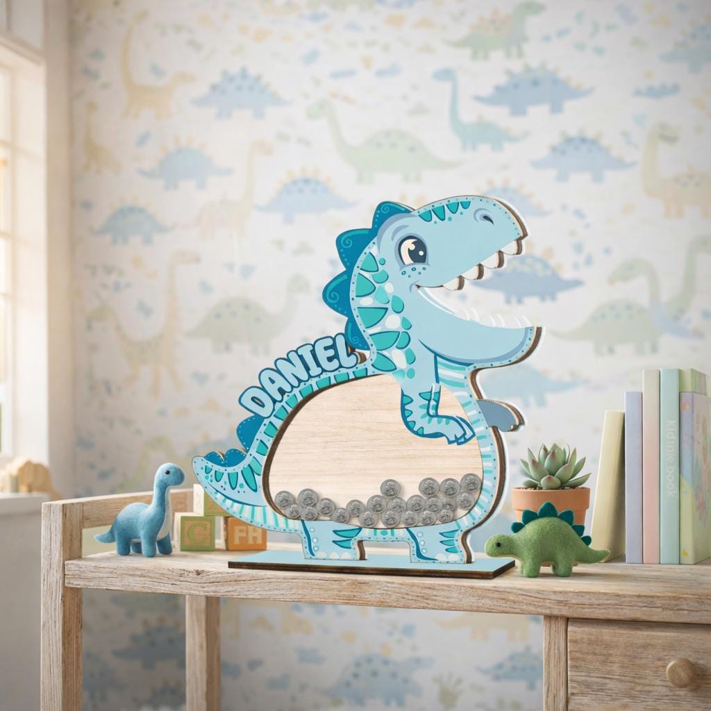 Personalized Dinosaur Piggy Bank for Kids, Blue Dino Money Bank, Custom Name Wooden Coin Bank, Kids Saving Box, Nursery Decor Gift