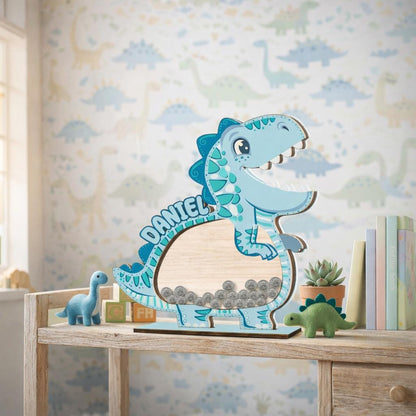 Personalized Dinosaur Piggy Bank for Kids, Blue Dino Money Bank, Custom Name Wooden Coin Bank, Kids Saving Box, Nursery Decor Gift