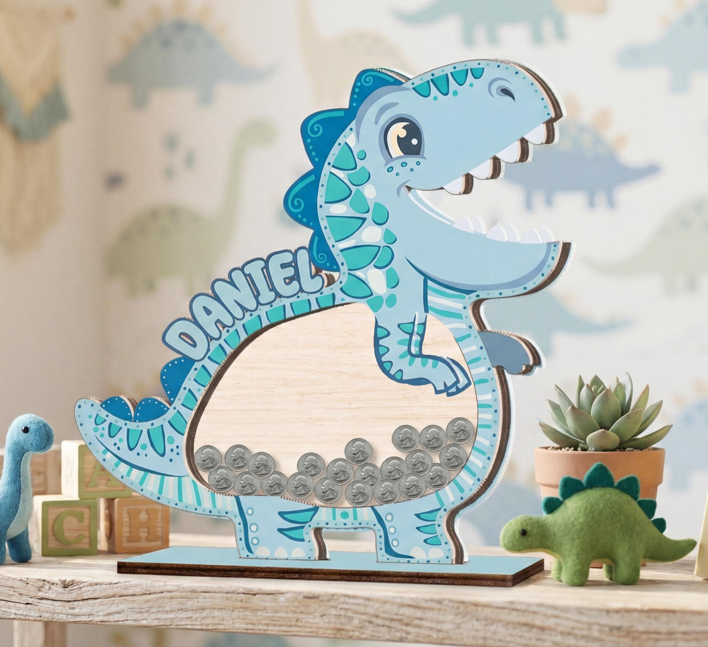 Personalized Dinosaur Piggy Bank for Kids, Blue Dino Money Bank, Custom Name Wooden Coin Bank, Kids Saving Box, Nursery Decor Gift