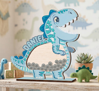 Personalized Dinosaur Piggy Bank for Kids, Blue Dino Money Bank, Custom Name Wooden Coin Bank, Kids Saving Box, Nursery Decor Gift