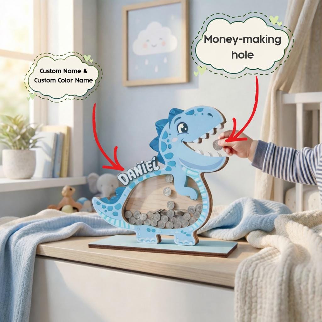 Personalized Dinosaur Piggy Bank for Kids, Blue Dino Money Bank, Custom Name Wooden Coin Bank, Kids Saving Box, Nursery Decor Gift