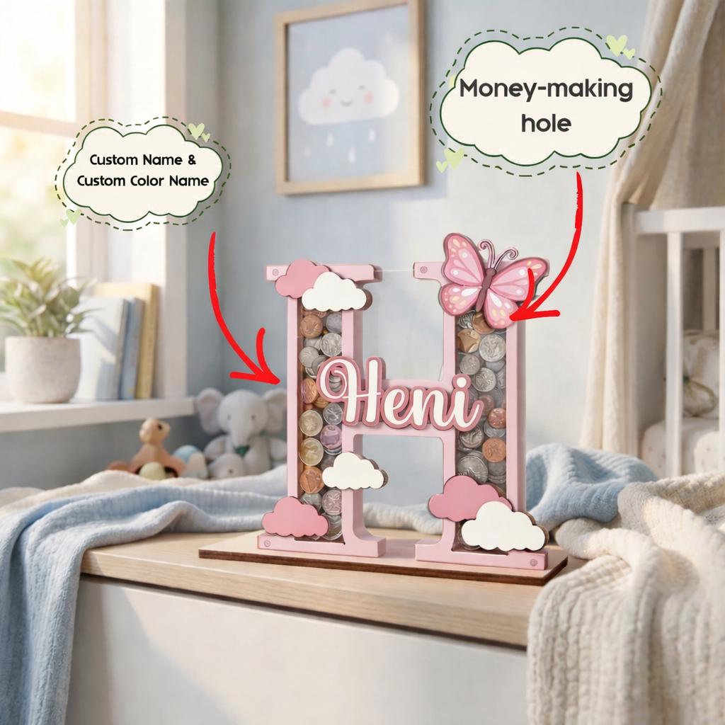 Personalized Letter Piggy Bank, Custom Name Coin Bank for Kids, Pink Initial Money Bank, Baby Girl Gift, Nursery Decor