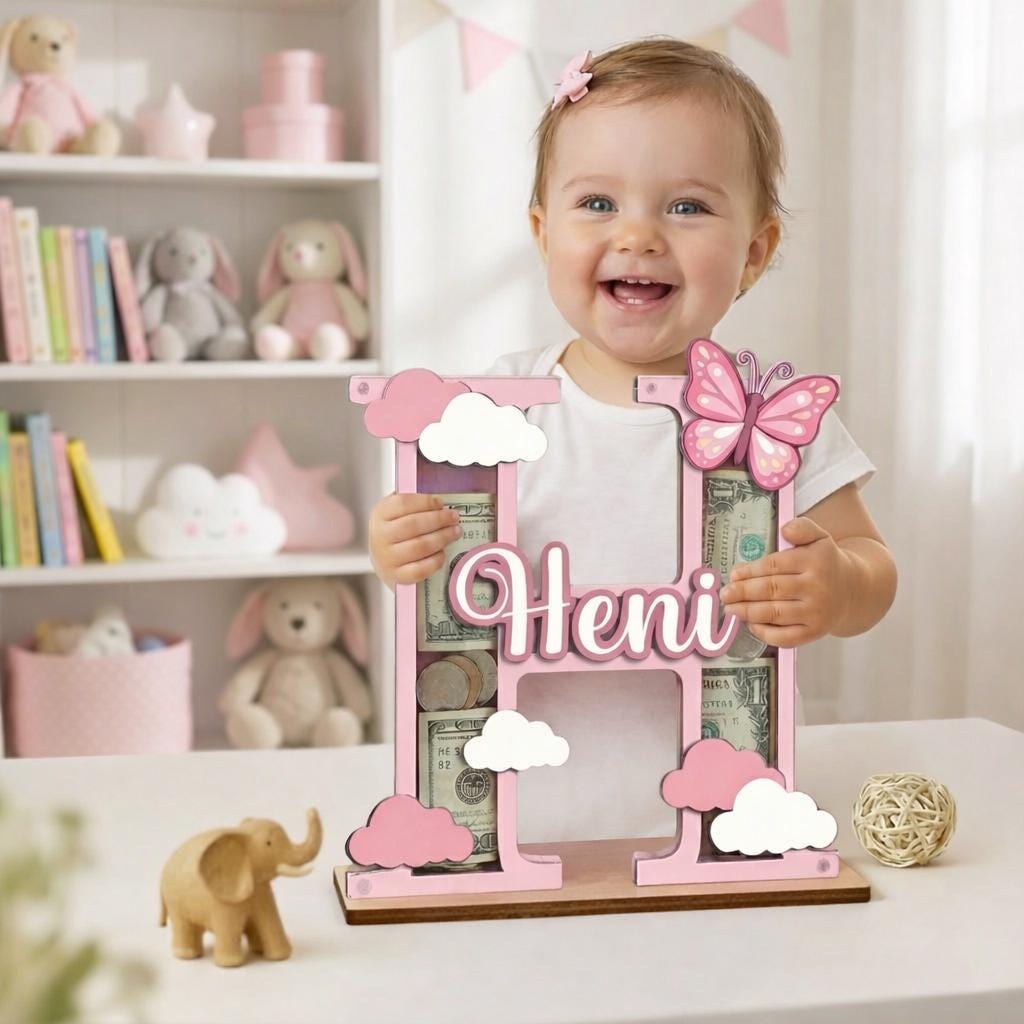 Personalized Letter Piggy Bank, Custom Name Coin Bank for Kids, Pink Initial Money Bank, Baby Girl Gift, Nursery Decor